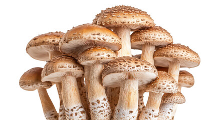 A cluster of fresh. organic mushrooms with a light brown cap and white stalks. arranged artistically against a clean white background. ideal for culinary or health-related stock imagery