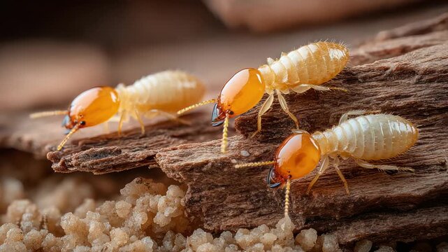 Three translucent termites with orange heads crawl across a textured wood surface and grains