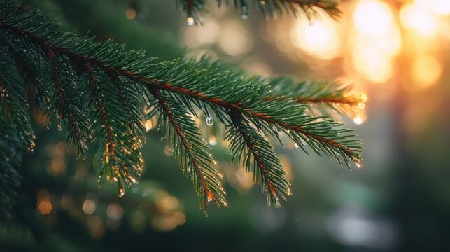 Fresh spruce branch with water drops illuminated by golden sun. Nature background with morning dew on pine tree needles.