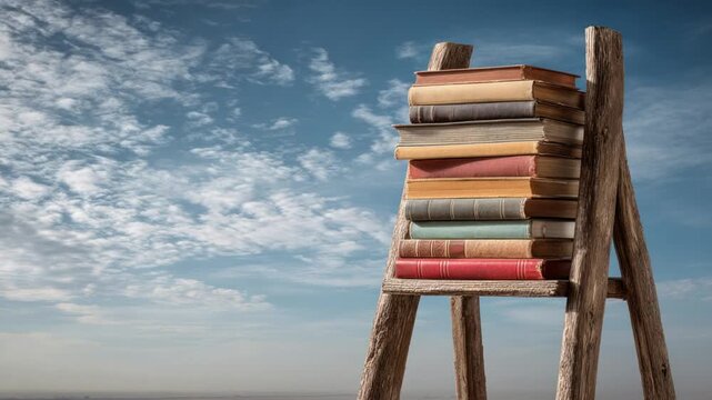 Stacked books on a wooden ladder reach toward a cloudy sky; literary & educational theme