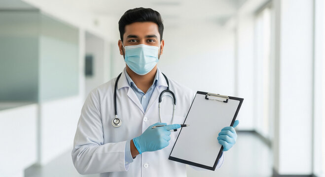 young Indian male doctor in a white coat and stethoscope holds out a blank clipboard, ready to record or explain medical notes