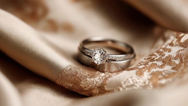 Elegant wedding rings resting on soft silk fabric with intricate golden designs, symbolizing love and commitment