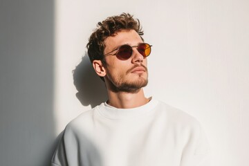 Fototapeta premium a male fashion model wearing sunglasses and a white oversized t-shirt, professional studio photography on a light background.