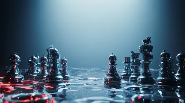 Illuminated chess set, glowing red and black pieces on a reflective surface