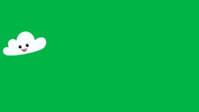 A tiny adorable cloud with a shy smile drifts gently to the right on a green screen chromakey background in this 2d animated cartoon animation. Ideal for subtle weather transitions or whimsical