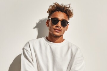 Obraz premium a male fashion model wearing sunglasses and a white oversized t-shirt, professional studio photography on a light background.