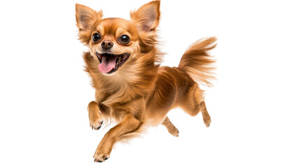 Obraz premium A cheerful Chihuahua dog joyfully leaps in mid-air. its playful spirit against a clean. white background. perfect for pet-related content or advertisements