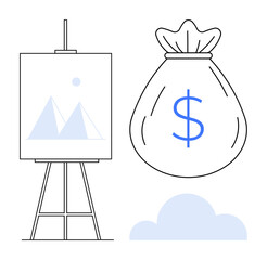 Easel displaying geometrical artwork next to a money bag with a dollar sign, symbolizing profit from creativity, art value, and entrepreneurship. Ideal for business, art, finance, investment, profit