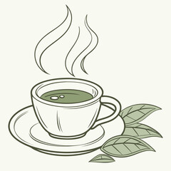 Cup of green tea with steam and leaves