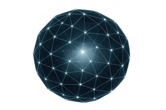 Global network sphere showing data connection points and digital technology communication on transparent background