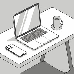 Illustration of a laptop, phone, and coffee on a desk