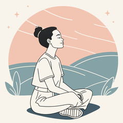 Illustration of a woman meditating in nature with a peaceful expression