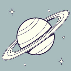 Illustration of saturn with rings and stars on a light blue background