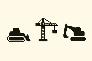 Real estate house vector icon illustration, including construction equipment, machinery, and transport vehicle silhouette symbols