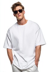 a male fashion model wearing sunglasses and a white oversized t-shirt, professional studio photography on a light background.