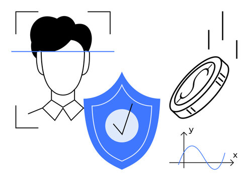 Face scan, shield with checkmark, falling coin, and graph symbolize biometric ID, cybersecurity, digital economy, and data analysis. Ideal for finance, technology AI economy analytics security