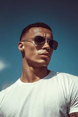 Obraz premium A handsome male model wearing sunglasses and a white t-shirt stands against a blue sky background, with short hair, sunlight, an upper body portrait.