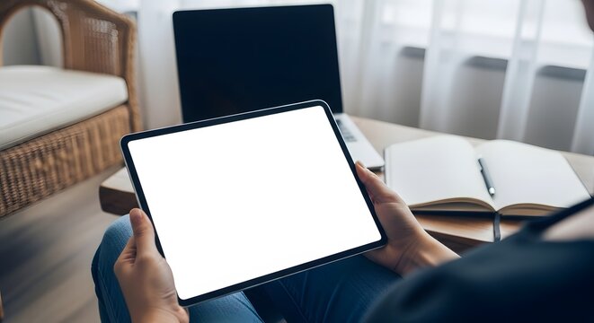 Person holding digital tablet with blank white screen mockup for advertising project