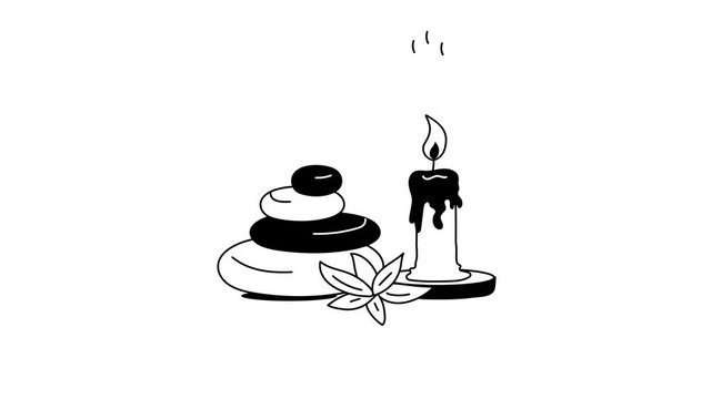 A peaceful spa day scene, featuring a stack of smooth stones, a lit candle with smoke, and leaves.