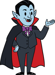 Cartoon vampire character with cape, fangs, and friendly gesture—perfect for Halloween design, spooky illustration, or gothic-themed vector content