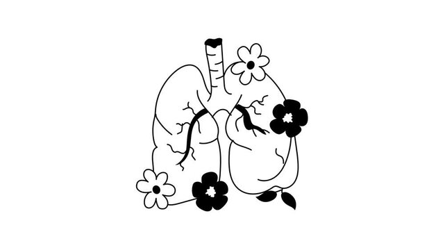 A human lung system, adorned with small, simple flowers, concept animated icon of clean breath