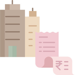 Tall beige buildings with a pink receipt detailing financial transactions including the rupee symbol against a transparent background symbolizing commerce or business transactions