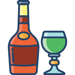 Tall amber glass bottle with brown label and yellow cap beside green liquid filled stemmed glass on transparent background vector illustration