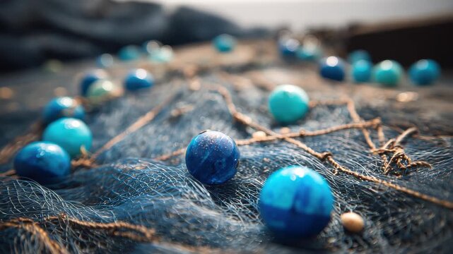 Colorful blue marbles scattered on fishing net at a coastal area during daytime