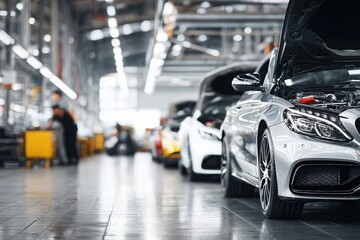 a modern and clean car workshop with professional car service center with luxury vehicles being repaired and hoods open in background.