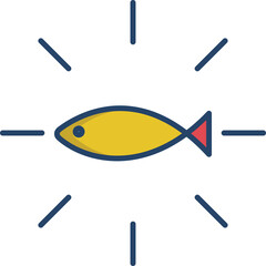 Stylized yellow fish with a red tail fin centered against a bright white background with radiating blue lines symbolizing light or energy