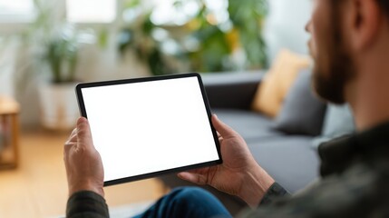 a man is holding a blank tablet with a white screen for a mockup presentation in a living room at home, with a close-up view.