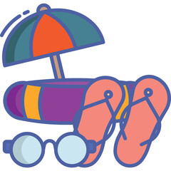 Summer Beach Accessories Including An Umbrella Floaty Sunglasses And Flip Flops In A Tropical Vacation Theme On A Transparent Background