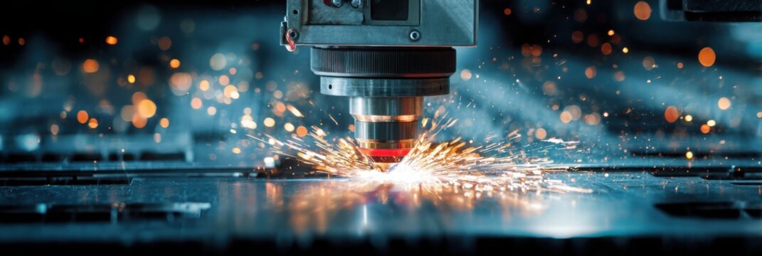 Close-up of industrial laser cutter emitting sparks while precisely cutting patterns into a flat sheet of metal in factor