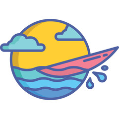 Surfer Riding Wave Under Yellow Sun With Clouds Beach Summer Fun Vector Art