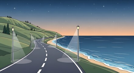 Winding coastal road illustration with vintage streetlights at twilight