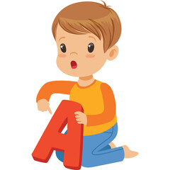 Surprised Young Boy Kneeling While Holding a Large Red Letter A With Orange Shirt and Blue Pants Isolated on Transparent Background