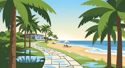 Tropical beach resort illustration with palm trees, pathway, and coastal building for vacation promotion