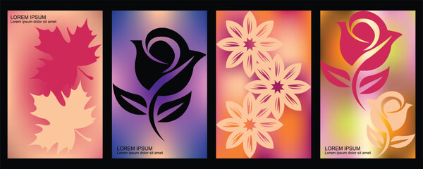 Elegant floral and leaf stencil vector collection with gradient backgrounds — decorative rose and maple leaf silhouette designs for laser cutting, greeting cards, wall art, and pattern templates