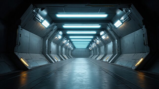 Commercial high-resolution photo of futuristic spaceship interior with blue and yellow lighting.