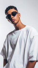 Obraz premium a young man in sunglasses wearing an oversized white t-shirt, against a white background. this fashion photography style resembles a magazine cover.