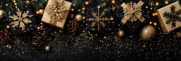Christmas banner. Background Xmas design of sparkling lights garland, with realistic gifts box, black snowflake and glitter gold confetti. Horizontal christmas poster, greeting cards, headers, website