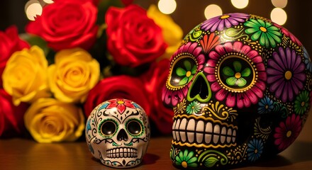 Colorful day of the dead skulls and vibrant roses in warm light
