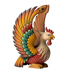 Ornate Carved and Painted Wooden Rooster Sculpture with Colorful Feathers.