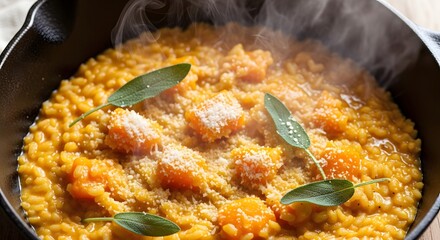 Butternut squash risotto in cast iron pan with sage and parmesan cheese garnish