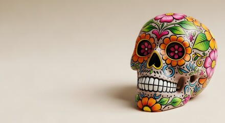 Colorful floral decorated sugar skull on a plain background