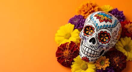 Colorful sugar skull adorned with vibrant flowers on an orange background