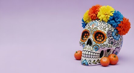 Decorated sugar skull adorned with colorful flowers and small pumpkins