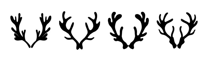Collection of four distinct black deer and reindeer antler silhouettes vector