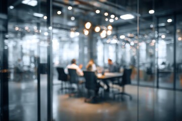 Fototapeta premium blurred background of a business meeting in a modern office with glass walls and people sitting at the table.