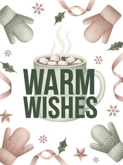 Naklejka premium Cozy winter holiday greeting with steaming hot chocolate and festive decorations for warm wishes